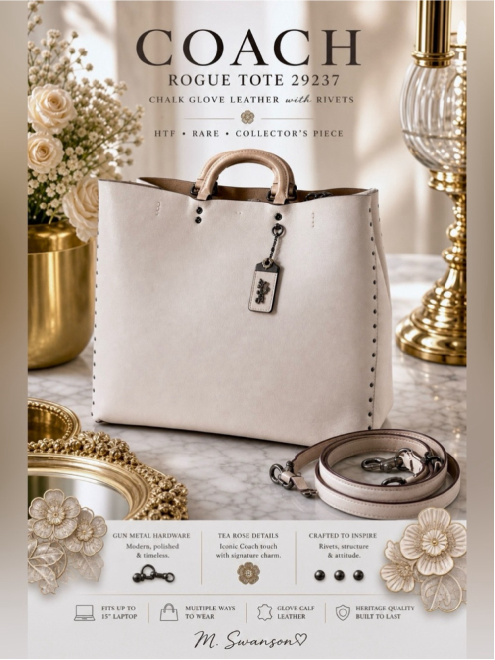 RARE Coach Rogue Tote 29237 Rivets Chalk Glove Leather HTF